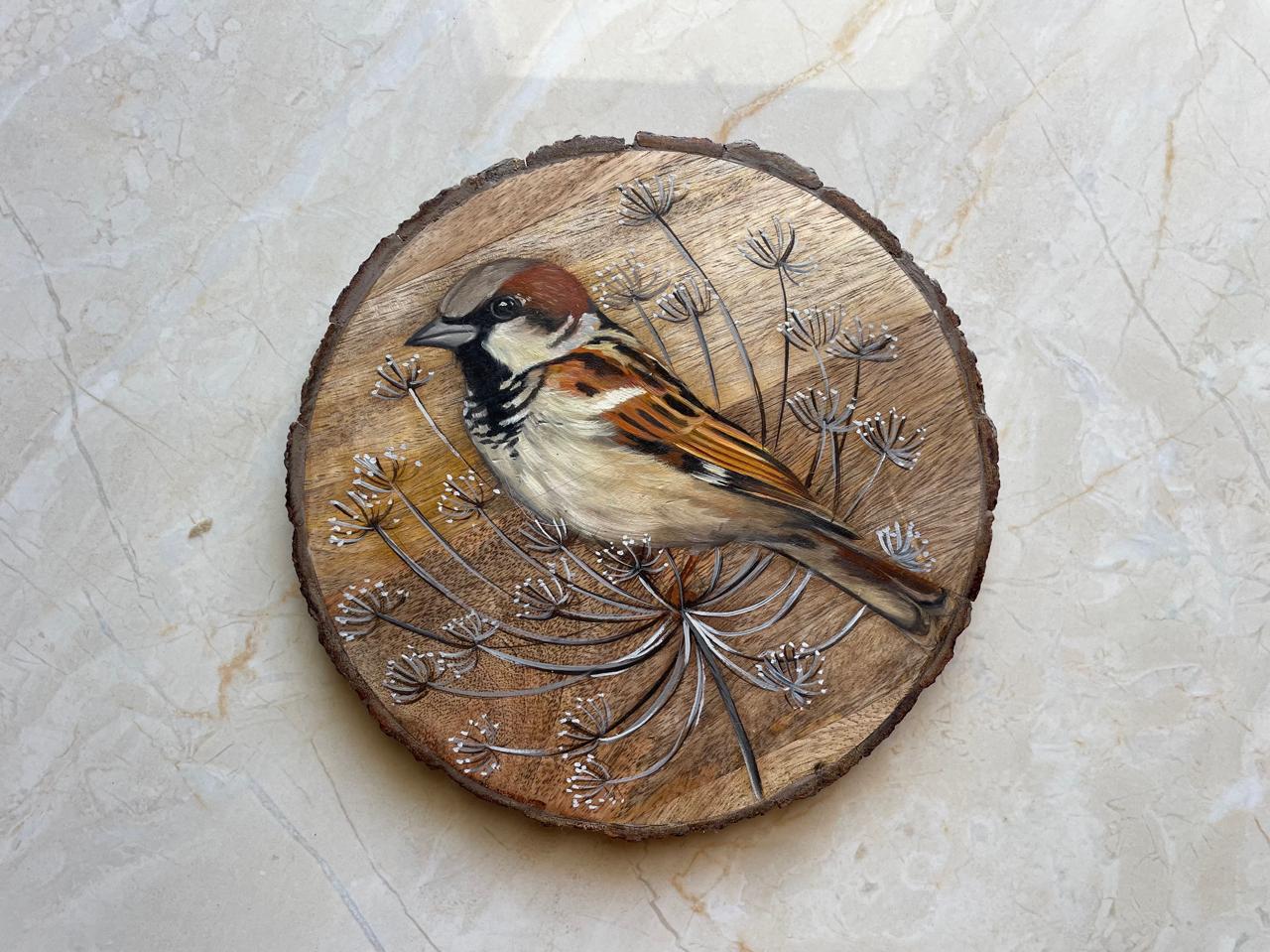Whispers of Winter – Handpainted Sparrow on Dried Thistle Motif