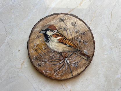 Whispers of Winter – Handpainted Sparrow on Dried Thistle Motif