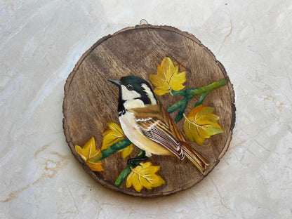 Nature’s Songbird – Handcrafted Bird & Maple Leaf Wooden Wallplate (8 In)