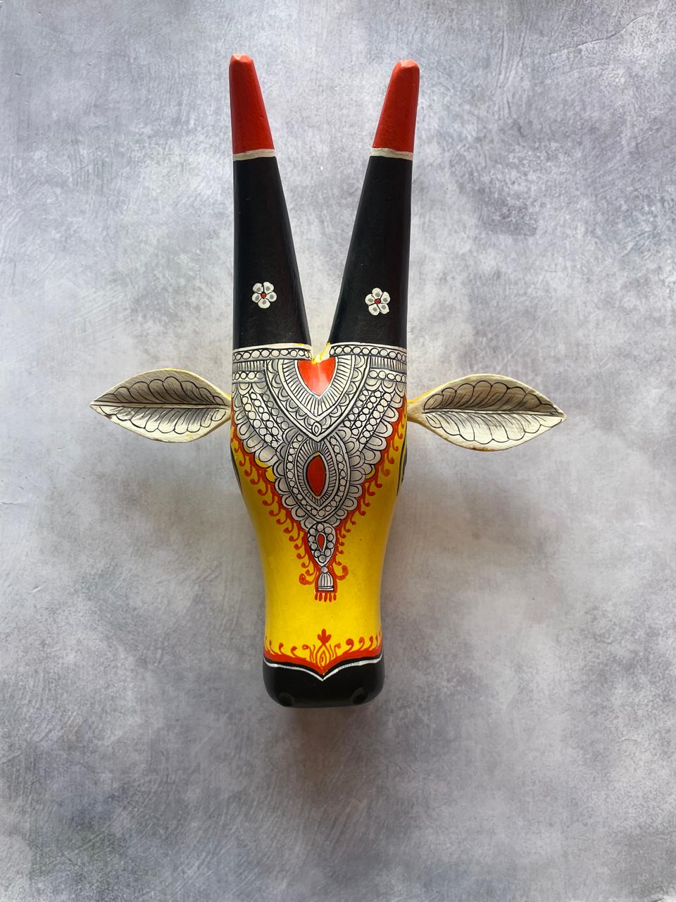 Hand-Painted Wooden Cow Head Wall Mask – Folk Art Decor by Indian Artisans (Yello and Black)