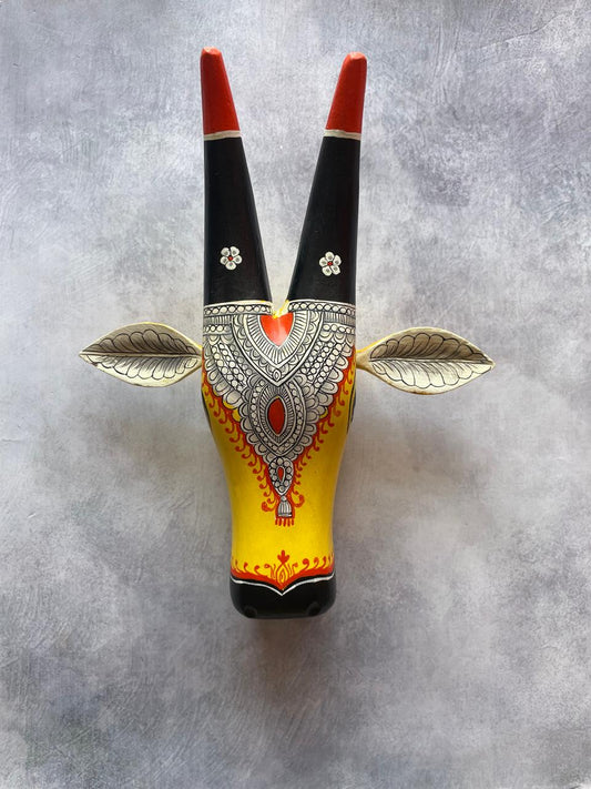 Hand-Painted Wooden Cow Head Wall Mask – Folk Art Decor by Indian Artisans (Yello and Black)