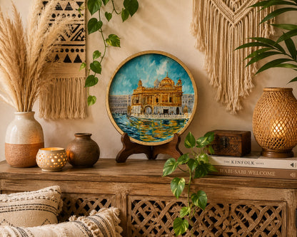 Golden Serenity – Handpainted Golden Temple Wallplate (12 Inch MDF Wooden Decor)