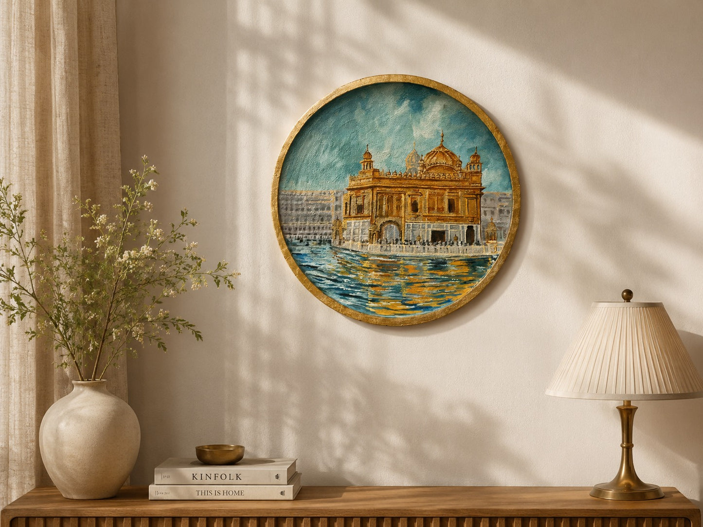 Golden Serenity – Handpainted Golden Temple Wallplate (12 Inch MDF Wooden Decor)
