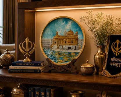 Golden Serenity – Handpainted Golden Temple Wallplate (12 Inch MDF Wooden Decor)
