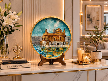 Golden Serenity – Handpainted Golden Temple Wallplate (12 Inch MDF Wooden Decor)