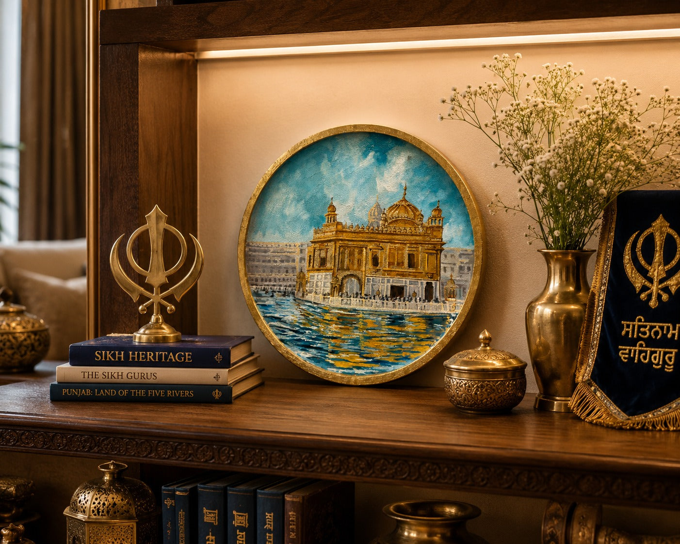 Golden Serenity – Handpainted Golden Temple Wallplate (12 Inch MDF Wooden Decor)