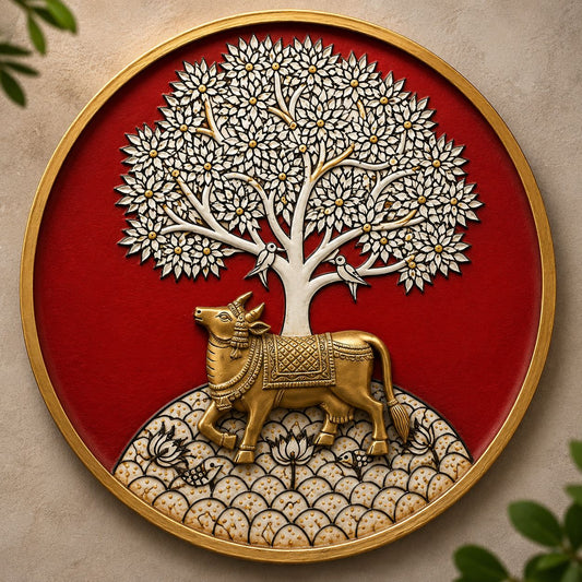 Nandi Beneath the Tree of Life – Bespoke Collection  (Brass Nandi / 12 Inch Compressed Wood Base)