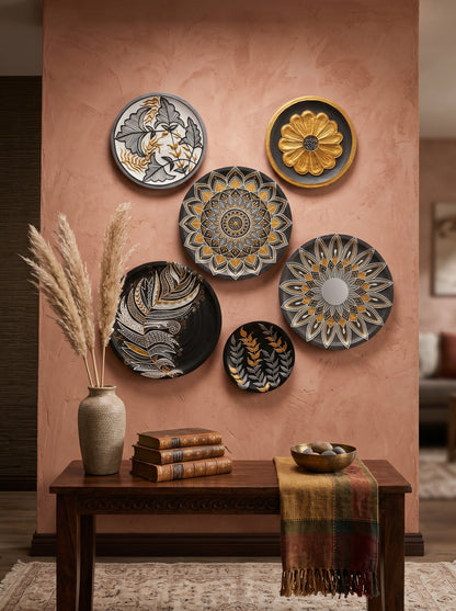 Handcrafted Black & Gold Wall Plate Set (5 Pieces) (SET1)
