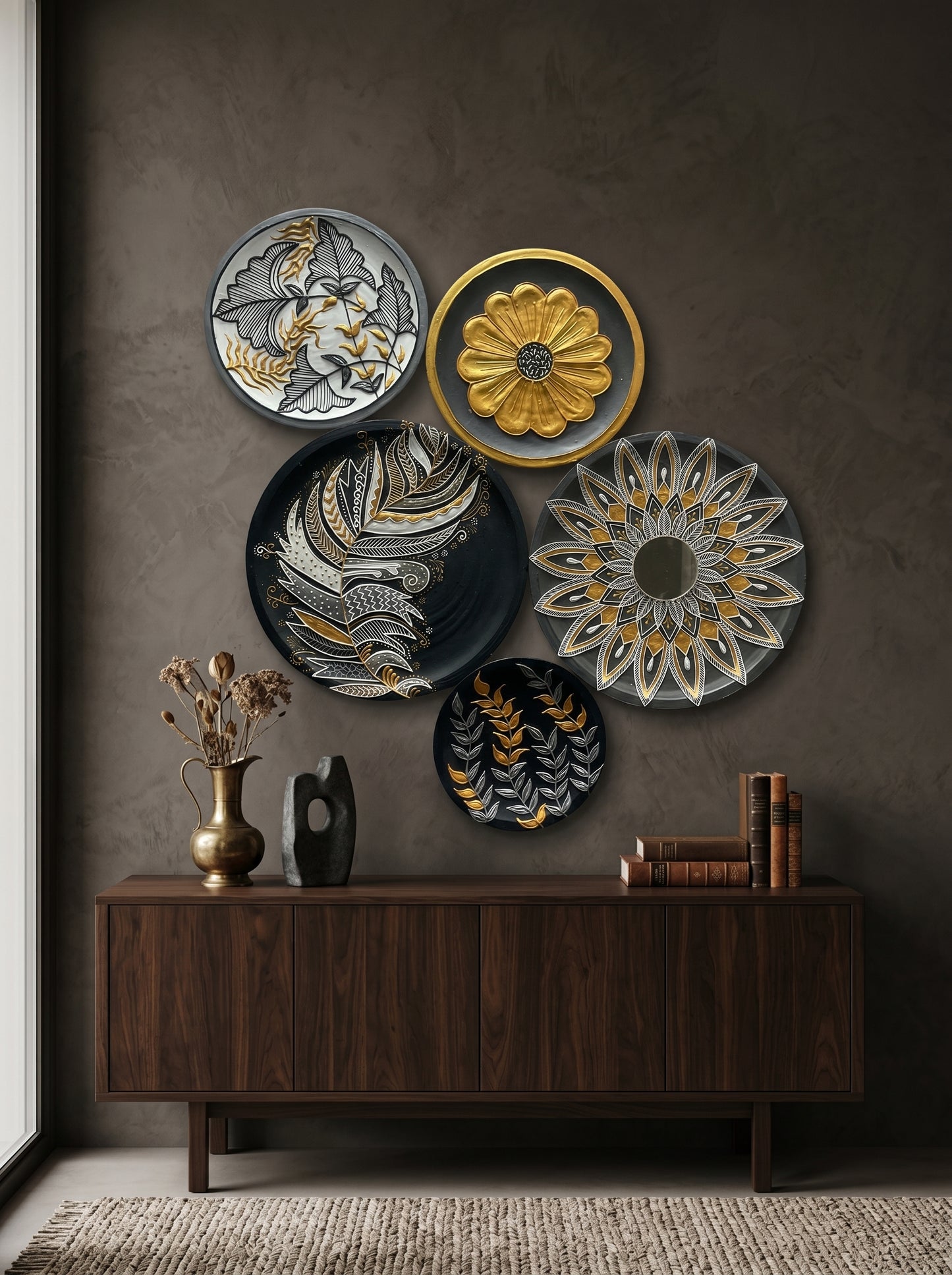 Handcrafted Black & Gold Wall Plate Set (5 Pieces) (SET1)