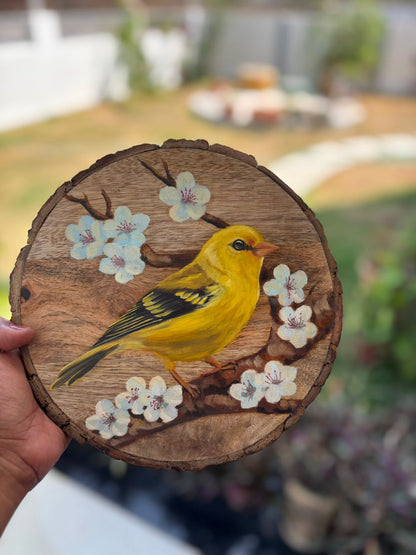 Autumn Whisper – Handcrafted Bird on Maple Leaves Wooden Wallplate