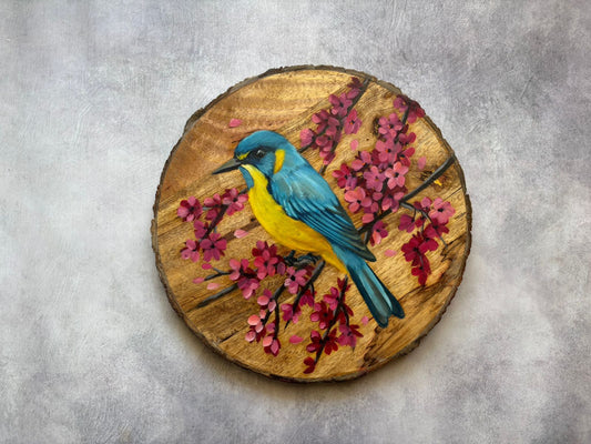 Azure Song – Handcrafted Bird on Blossom Wooden Wallplate