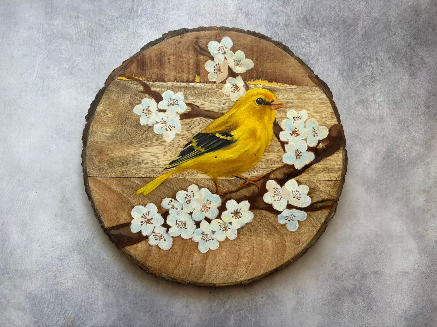 Golden Bloom – Handcrafted Bird on Blossom Wooden Wallplate