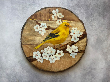 Golden Bloom – Handcrafted Bird on Blossom Wooden Wallplate