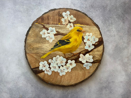 Golden Bloom – Handcrafted Bird on Blossom Wooden Wallplate
