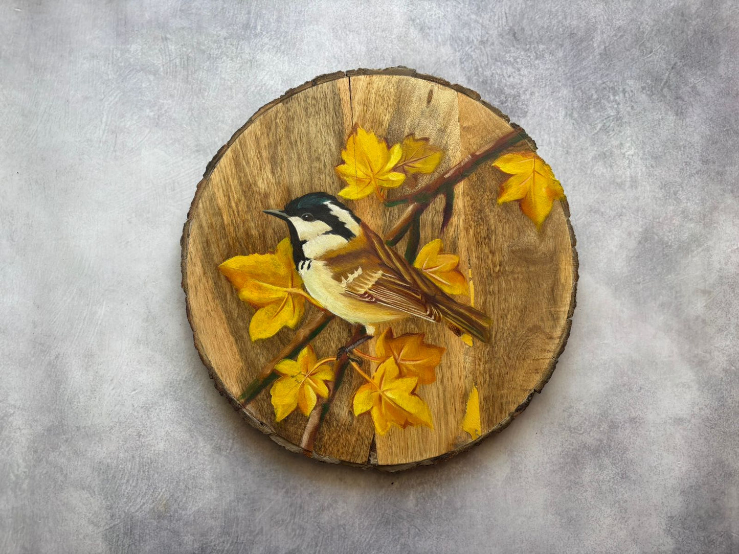 Golden Autumn Song – Handcrafted Bird & Maple Leaf Wooden Wallplate